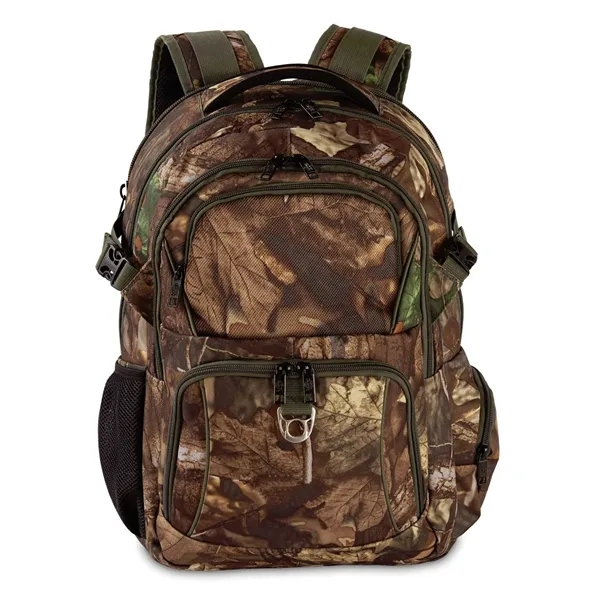 Camo backpack made with soft shoulder straps, ergonomic ventilation, colored accents... from ASI 68507 The Magnet Group / The Bag Factory®