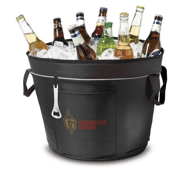 Celebration bucket cooler with front pocket and attached bottle opener.... from ASI 68507 The Magnet Group / The Bag Factory®