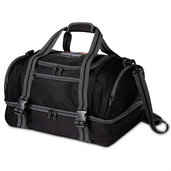 Duffel bag with jacquard exterior, 2-tier zippered storage compartments, zippered side... from ASI 68507 The Magnet Group / The Bag Factory®