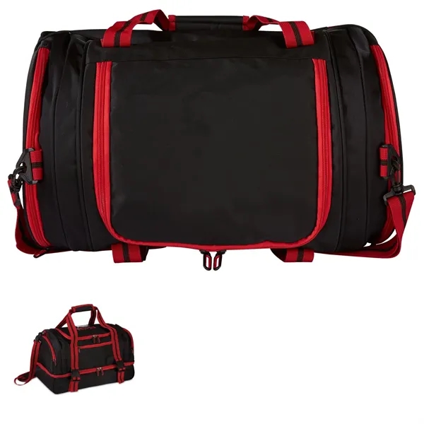 Duffel bag with jacquard exterior, 2-tier zippered storage compartments, zippered side... from ASI 68507 The Magnet Group / The Bag Factory®