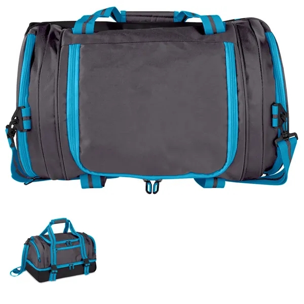 Duffel bag with jacquard exterior, 2-tier zippered storage compartments, zippered side... from ASI 68507 The Magnet Group / The Bag Factory®