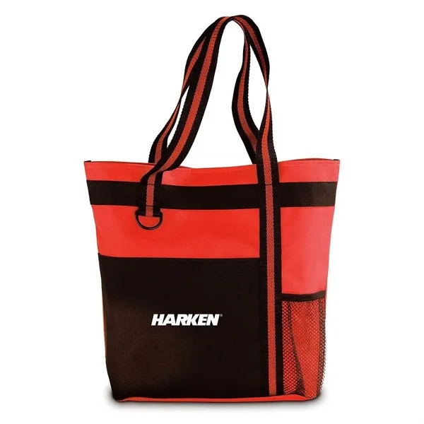 Polyester tote bag with large front pocket, mesh bottle pocket, and... from ASI 68507 The Magnet Group / The Bag Factory®
