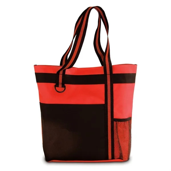 Polyester tote bag with large front pocket, mesh bottle pocket, and... from ASI 68507 The Magnet Group / The Bag Factory®
