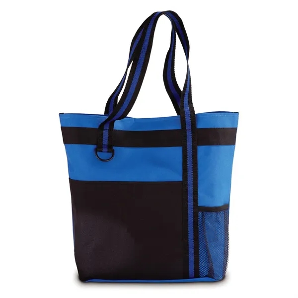 Polyester tote bag with large front pocket, mesh bottle pocket, and... from ASI 68507 The Magnet Group / The Bag Factory®