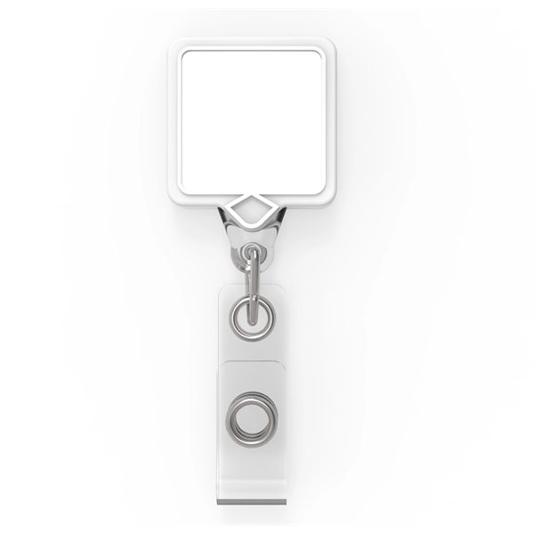 Square is a badge retractor with standard ID strap.... from ASI 64635 KEY-BAK Promotional Products