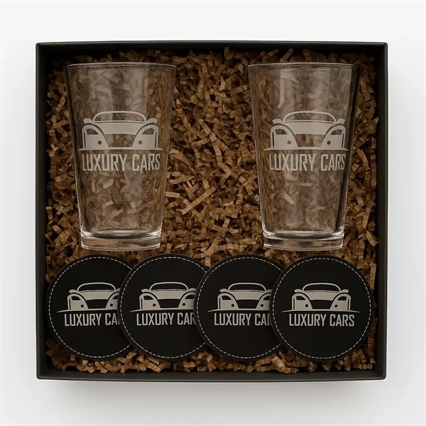 Two pint glasses and four leatherette coasters in a color box,... from ASI 72657 Active Life Promo / Apres Ski Active Life