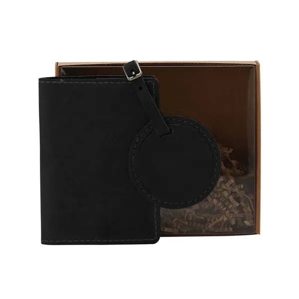 Gift set featuring a leather passport cover and round leather luggage... from ASI 88060 Snugz/USA Inc / SnugZ USA®