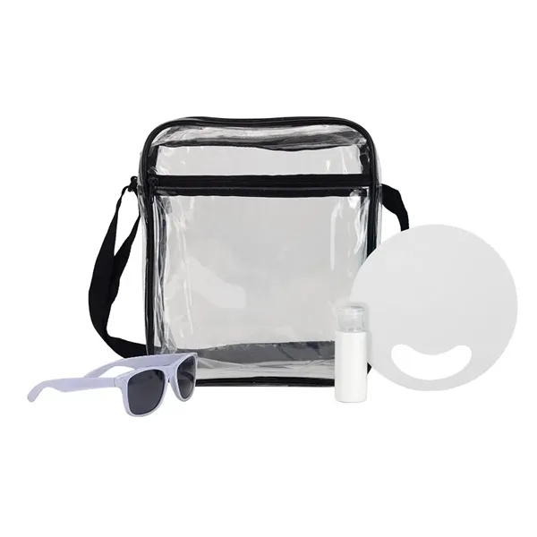 Gift set that includes a hand fan, sunscreen, clear stadium tote... from ASI 88060 Snugz/USA Inc