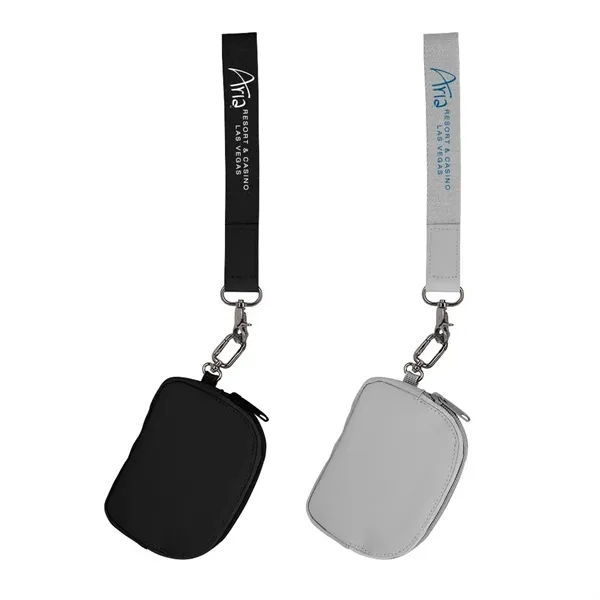Polyester wristlet lanyard and round recycled PU zip pouch.... from ASI 88060 Snugz/USA Inc