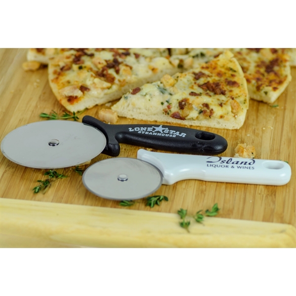 Large diamenter 8" pizza cutter with a sturdy black plastic handle... from ASI 38120 Ball Pro / Diversified Quality Kitchenware