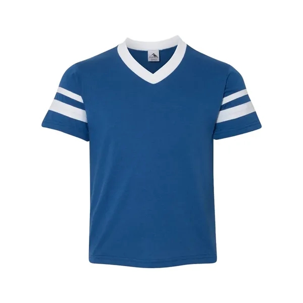 Youth V-neck jersey with striped sleeves featuring double-needle stitching and contrast... from ASI 84358 S&S Activewear