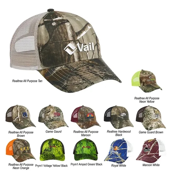Structured, six-panel camouflage cap with brown mesh side and back panels,... from ASI 88060 Snugz/USA Inc / Sweda®