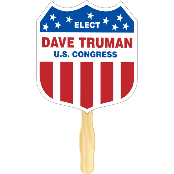 Badge shaped rally hand fan, attached to a wooden handle.... from ASI 89910 Stouse, LLC