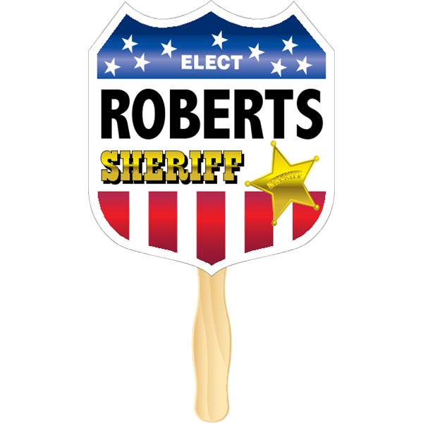 Badge shaped rally hand fan, attached to a wooden handle.... from ASI 89910 Stouse, LLC