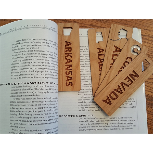1.5" x 6" hardwood bookmark with laser engraving, Arkansas state name... from ASI 92531 Unique Custom Products / UCP