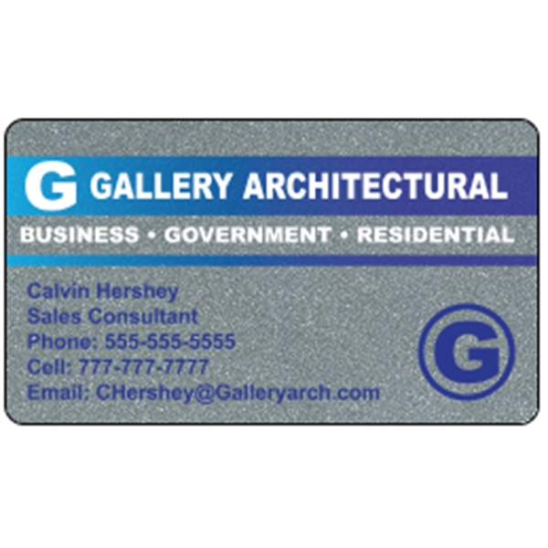 Business card made of .030" gloss silver deluxe plastic with four... from ASI 89910 Stouse, LLC
