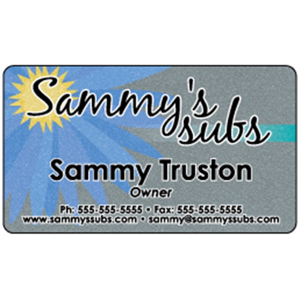 Business card made of .030" gloss silver deluxe plastic with four... from ASI 89910 Stouse, LLC