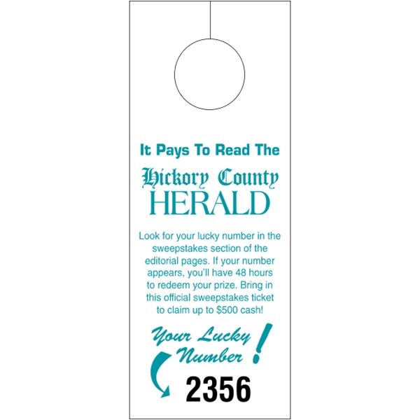 3.125" x 8.125" door knob hanger made of white tag stock... from ASI 89910 Stouse, LLC