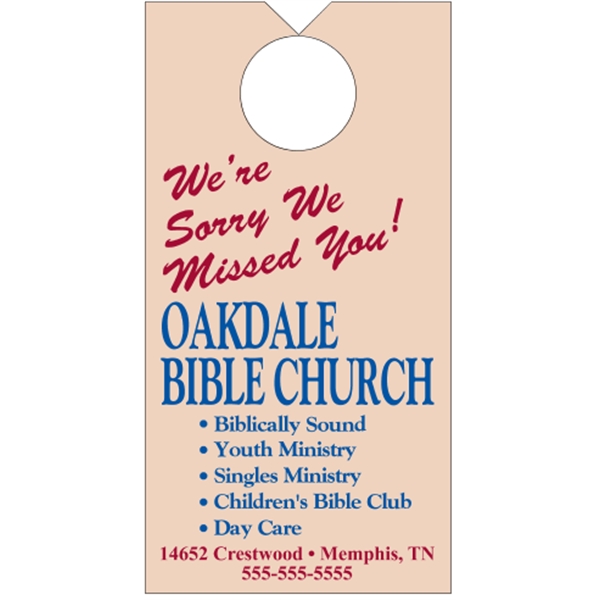 3.5" x 6.75" door knob hanger made of white tag stock... from ASI 89910 Stouse, LLC