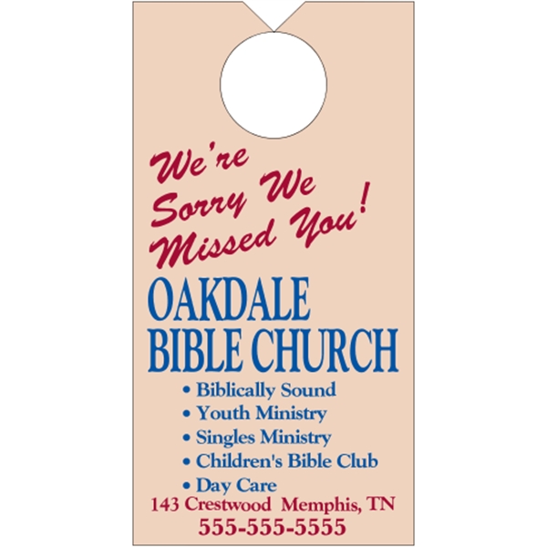 3.5" x 6.75" door knob hanger made of white tag stock... from ASI 89910 Stouse, LLC