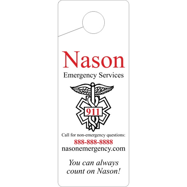 4" x 10.5" door knob hanger made of white tag stock... from ASI 89910 Stouse, LLC