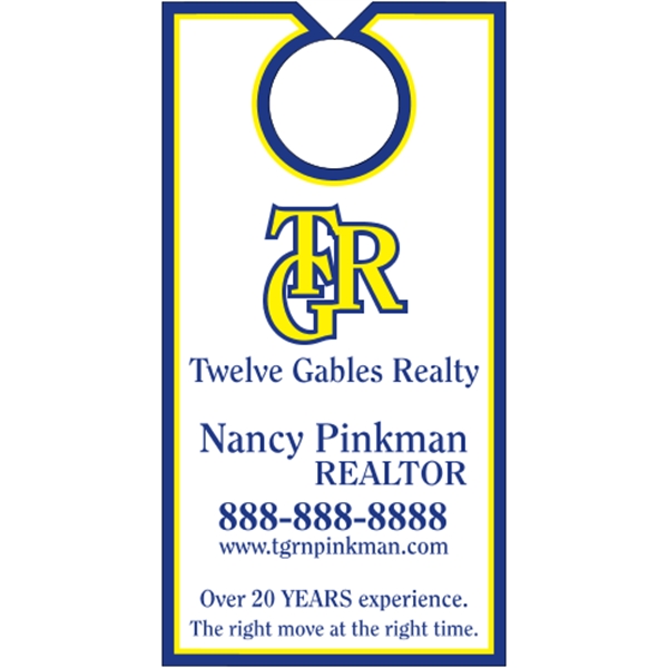 3.5" x 6.75" door knob hanger made of white tag stock... from ASI 89910 Stouse, LLC