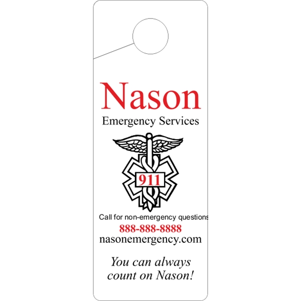 4" x 10.5" door knob hanger made of white tag stock... from ASI 89910 Stouse, LLC