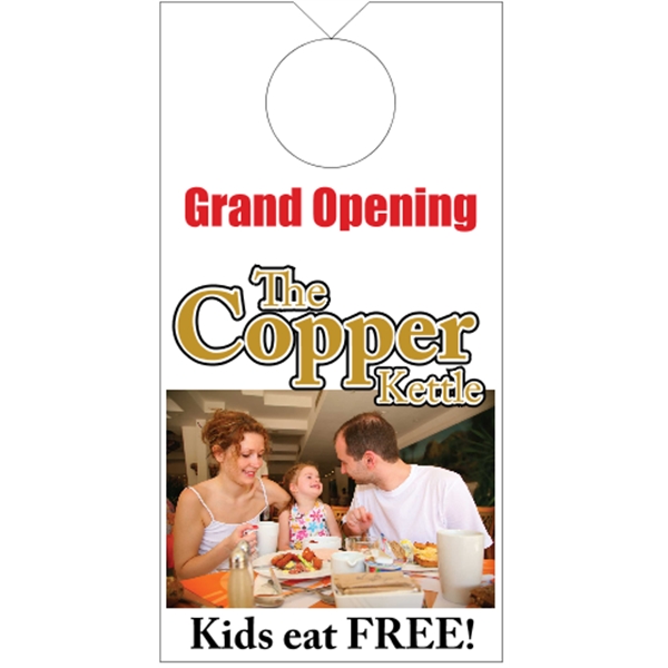 3.5" x 6.75" door knob hanger made of white tag stock... from ASI 89910 Stouse, LLC