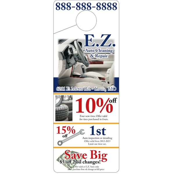 4" x 10.5" door knob hanger made of white tag stock... from ASI 89910 Stouse, LLC