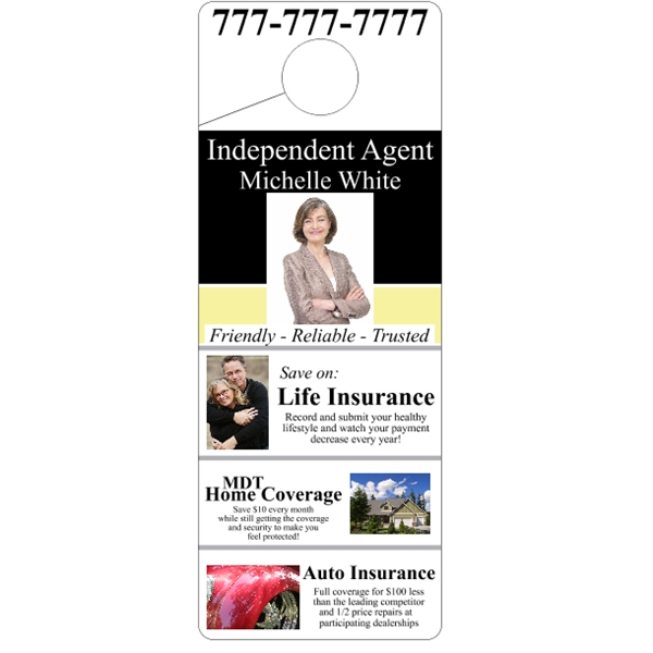 4" x 10.5" door knob hanger made of white tag stock... from ASI 89910 Stouse, LLC