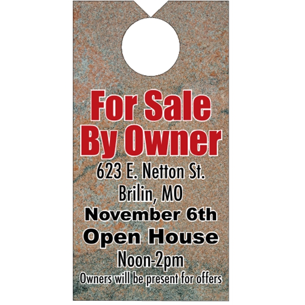 3.5" x 6.75" door knob hanger made of white tag stock... from ASI 89910 Stouse, LLC