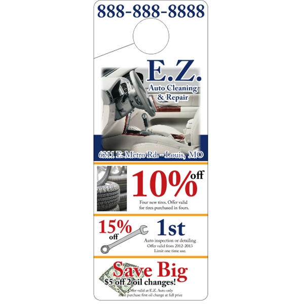 4" x 10.5" door knob hanger made of white tag stock... from ASI 89910 Stouse, LLC