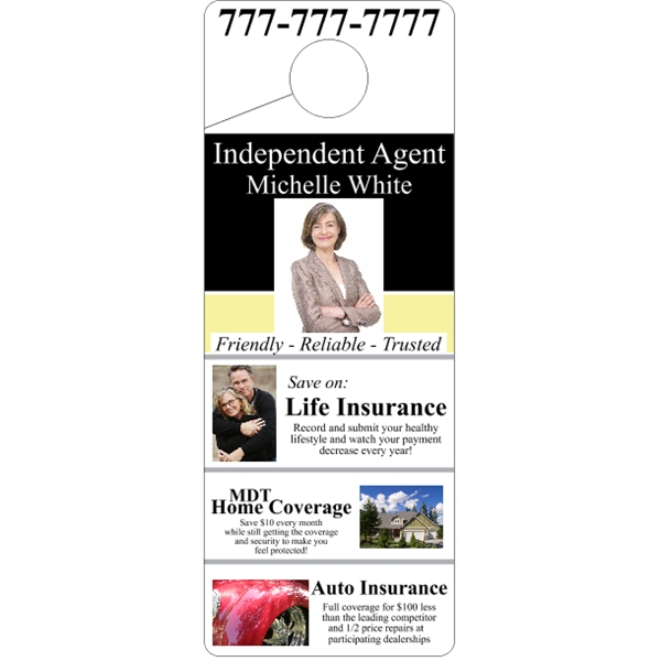 4" x 10.5" door knob hanger made of white tag stock... from ASI 89910 Stouse, LLC