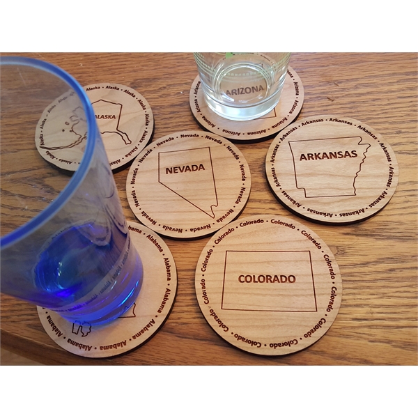 3.5" round wooden coasters with State of Colorado shape in the... from ASI 92531 Unique Custom Products / UCP