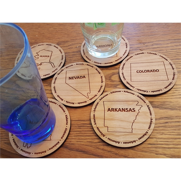 3.5" round wooden coasters with State of Arkansas shape in the... from ASI 92531 Unique Custom Products / UCP