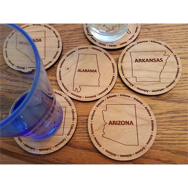3.5" round wooden coasters with State of Arizona shape in the... from ASI 92531 Unique Custom Products / UCP