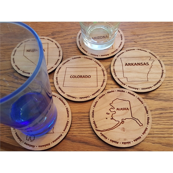 3.5" round wooden coasters with State of Alaska shape in the... from ASI 92531 Unique Custom Products / UCP