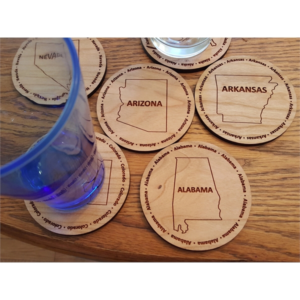 3.5" round wooden coasters with State of Alabama shape in the... from ASI 92531 Unique Custom Products / UCP