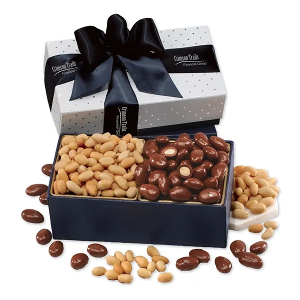 silver polka dot gift box filled with milk chocolate almonds and... from ASI 68680 Maple Ridge Farms Inc