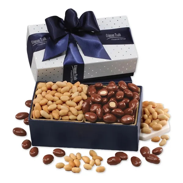 silver polka dot gift box filled with milk chocolate almonds and... from ASI 68680 Maple Ridge Farms Inc
