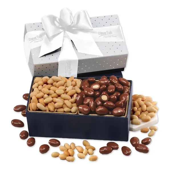 silver polka dot gift box filled with milk chocolate almonds and... from ASI 68680 Maple Ridge Farms Inc