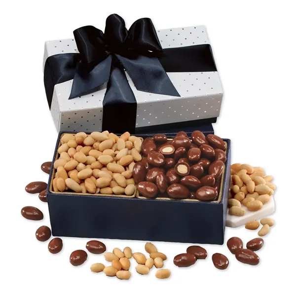 silver polka dot gift box filled with milk chocolate almonds and... from ASI 68680 Maple Ridge Farms Inc