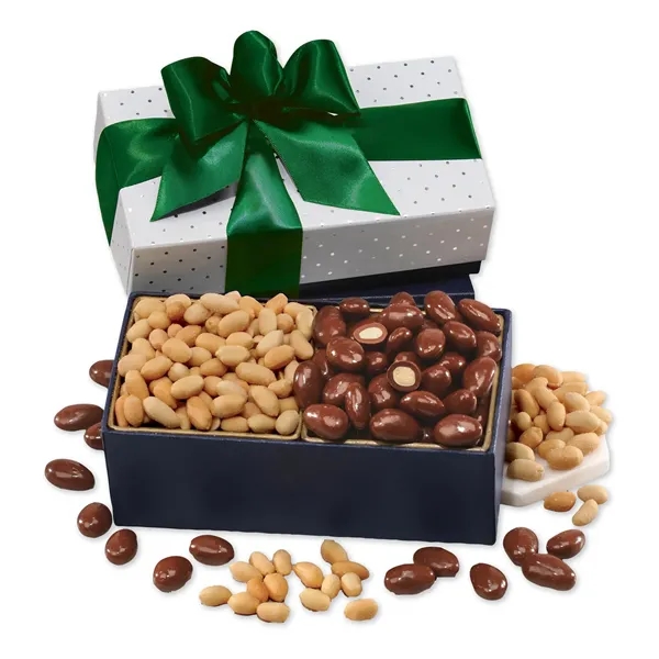 silver polka dot gift box filled with milk chocolate almonds and... from ASI 68680 Maple Ridge Farms Inc