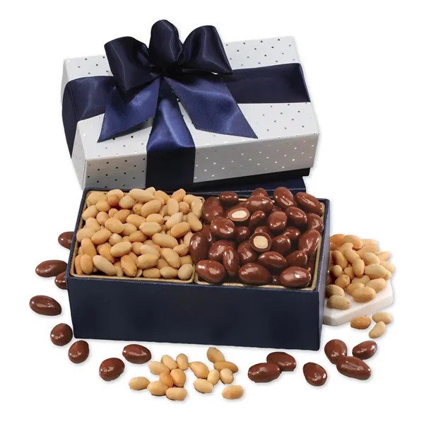 silver polka dot gift box filled with milk chocolate almonds and... from ASI 68680 Maple Ridge Farms Inc
