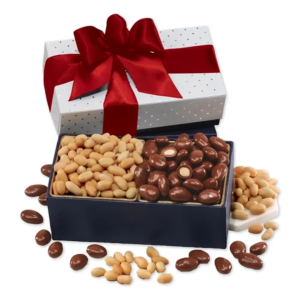 silver polka dot gift box filled with milk chocolate almonds and... from ASI 68680 Maple Ridge Farms Inc