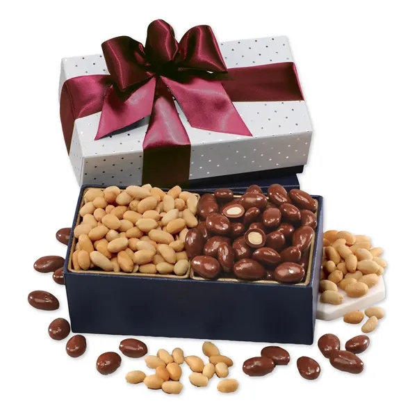silver polka dot gift box filled with milk chocolate almonds and... from ASI 68680 Maple Ridge Farms Inc