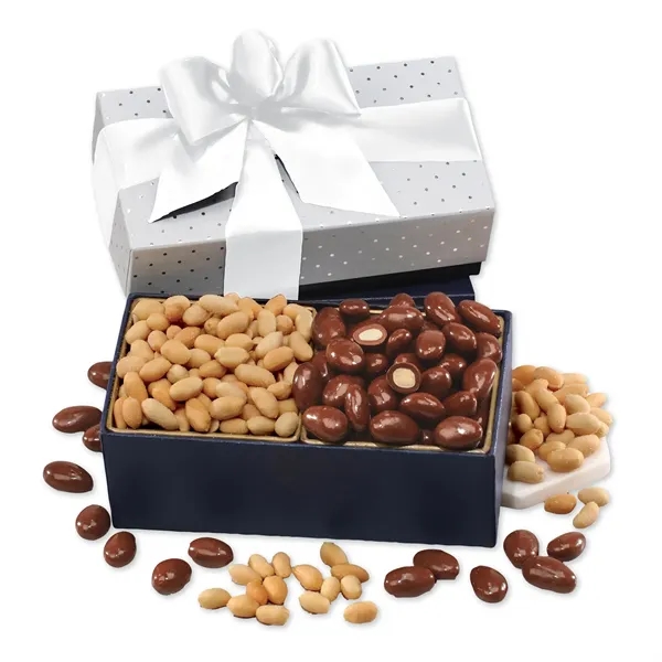 silver polka dot gift box filled with milk chocolate almonds and... from ASI 68680 Maple Ridge Farms Inc