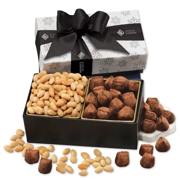 cocoa dusted truffles & Virginia peanuts in a black & white... from ASI 68680 Maple Ridge Farms Inc