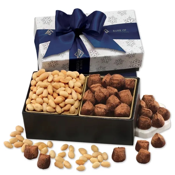 cocoa dusted truffles & Virginia peanuts in a black & white... from ASI 68680 Maple Ridge Farms Inc