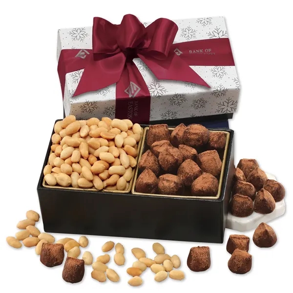 cocoa dusted truffles & Virginia peanuts in a black & white... from ASI 68680 Maple Ridge Farms Inc